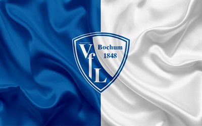 VfL Bochum 1848, 4k, blue white silk flag, German football club, logo, emblem, 2 Bundesliga, football, Bochum, Germany, Second Bundesliga, Bochum FC