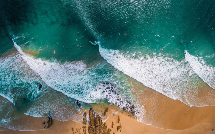 oceano, vista de cima, grandes ondas, surfar, esportes radicais, surfar no conselho, ondas, praia, &#225;gua azul, EUA