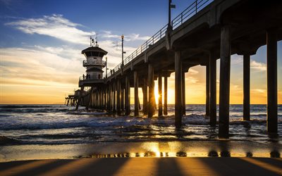 Huntington Beach, كاليفورنيا, المحيط الهادئ, الساحل, الشاطئ, الرصيف, غروب الشمس, موجات, المناظر البحرية, الولايات المتحدة الأمريكية