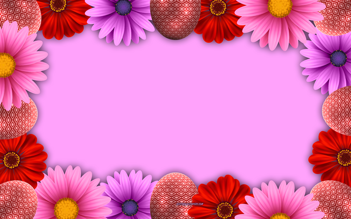 Easter frame, pink background, spring flowers, chrysanthemums, Easter, frames, Easter red eggs