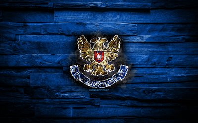 St Johnstone FC, fiery logo, Scotland Premiership, blue wooden background, scottish football club, grunge, football, soccer, St Johnstone logo, fire texture, Scotland