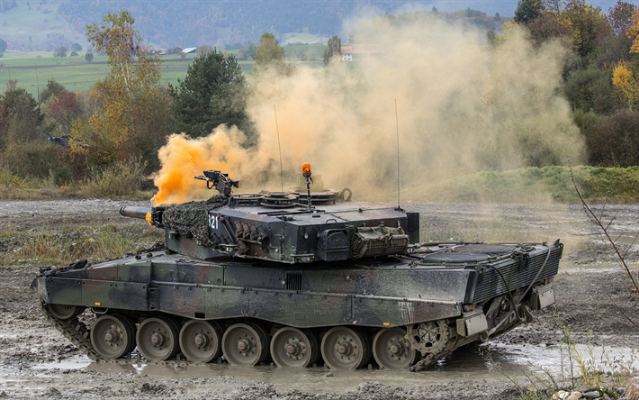 Leopard 2A4, German battle tank, landfill, orange smoke screen, bank, Bundeswehr, Germany