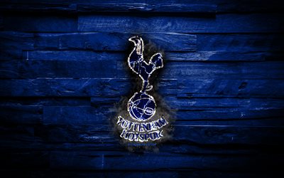 Tottenham Hotspur FC, fiery logo, blue wooden background, Premier League, english football club, FC Tottenham Hotspur, grunge, football, Tottenham Hotspur logo, fire texture, England, soccer