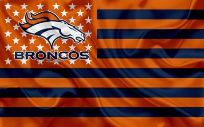 Denver Broncos, Amerikkalainen jalkapallo joukkue, luova Amerikan lippu, oranssi sininen lippu, NFL, Denver, Colorado, USA, logo, tunnus, silkki lippu, National Football League, Amerikkalainen jalkapallo