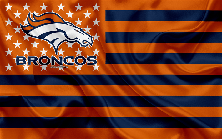 Denver Broncos, squadra di football Americano, creativo, bandiera Americana, bandiera arancione blu, NFL, Denver, Colorado, USA, logo, stemma, bandiera di seta, Lega Nazionale di Football americano, football Americano
