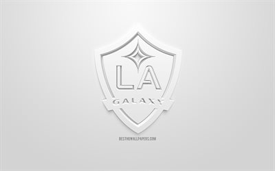 لوس انجليس غالاكسي, الإبداعية شعار 3D, خلفية بيضاء, 3d شعار, الأمريكي لكرة القدم, MLS, لوس أنجلوس, كاليفورنيا, الولايات المتحدة الأمريكية, دوري كرة القدم, الفن 3d, كرة القدم, شعار 3d, المجرة
