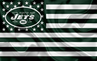New York Jets, Amerikkalainen jalkapallo joukkue, luova Amerikan lippu, vihre&#228;-valkoinen lippu, NFL, New York, USA, logo, tunnus, silkki lippu, National Football League, Amerikkalainen jalkapallo