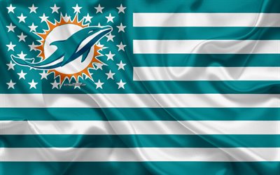 Miami Dolphins, squadra di football Americano, creativo, bandiera Americana, turchese, bianco, bandiera, NFL, Miami, Florida, USA, logo, stemma, bandiera di seta, Lega Nazionale di Football americano, football Americano