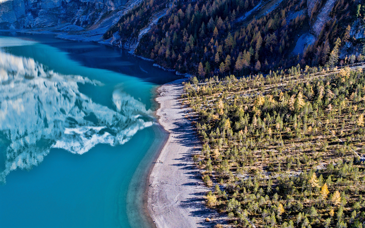 Lake Oeschinen, 4k, aerial view, swiss landmarks, Kandersteg, beautiful nature, Switzerland, Europe, HDR