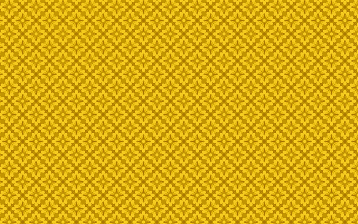 amarillo patr&#243;n floral, 4k, vintage patr&#243;n, fondo amarillo, estampados de flores, vintage fondos