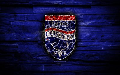Ross County FC, fiery logo, Scotland Premiership, blue wooden background, scottish football club, grunge, football, soccer, Ross County logo, fire texture, Scotland