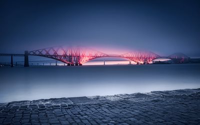 Forth Bridge, 4k, night, fog, railway bridge, Scotland, United Kingdom
