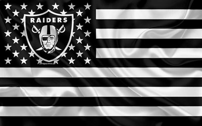 Raiders de Oakland, equipo de f&#250;tbol Americano, creadora de la bandera Americana, en blanco y negro de la bandera, de la NFL, de Oakland, California, estados UNIDOS, logotipo, emblema, bandera de seda, la Liga Nacional de F&#250;tbol americano, f&#25