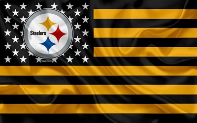 Pittsburgh Steelers, Amerikkalainen jalkapallo joukkue, luova Amerikan lippu, keltainen-musta lippu, NFL, Pittsburgh, Pennsylvania, USA, logo, tunnus, silkki lippu, National Football League, Amerikkalainen jalkapallo