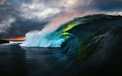 onda di oceano, costa, cresta d&#39;onda, la grande onda, mare, sera, tramonto