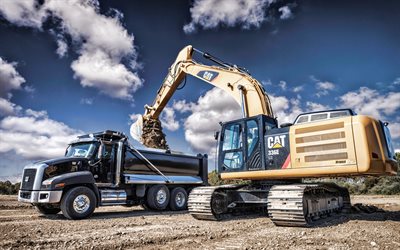 Caterpillar Radlader 988K, Caterpillar Hybridbagger 336E H, excavator, quarry, construction equipment, trucks, HDR, excavator work