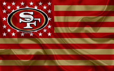 San Francisco 49ers, Time de futebol americano, criativo bandeira Americana, ouro vermelho da bandeira, NFL, San Francisco, Calif&#243;rnia, EUA, logo, emblema, seda bandeira, A Liga Nacional De Futebol, Futebol americano