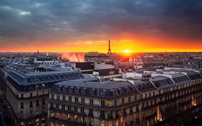 Paris, panorama da cidade, Fran&#231;a, capital, p&#244;r do sol, noite, Torre Eiffel