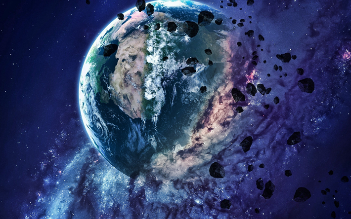 La explosi&#243;n de la Tierra, Apocalipsis, la destrucci&#243;n de planetas, galaxias, las estrellas, la explosi&#243;n del planeta, sci-fi, el universo, los planetas, la Tierra, los asteroides