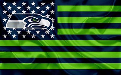 Seattle Seahawks, squadra di football Americano, creativo, bandiera Americana, blu, verde, bandiera, NFL, Seattle, WA, USA, logo, stemma, bandiera di seta, Lega Nazionale di Football americano, football Americano