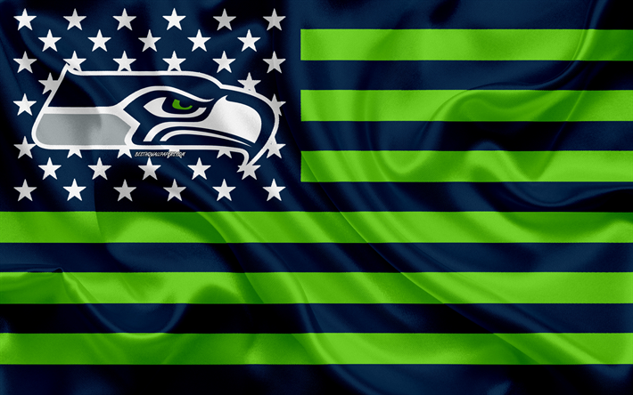 Seattle Seahawks, Amerikansk fotboll, kreativa Amerikanska flaggan, bl&#229; gr&#246;n flagg, NFL, Seattle, WA, USA, logotyp, emblem, silk flag, National Football League