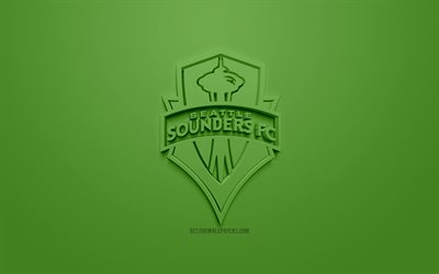 سياتل ساوندرز FC, الإبداعية شعار 3D, خلفية خضراء, 3d شعار, الأمريكي لكرة القدم, MLS, سياتل, ولاية واشنطن, الولايات المتحدة الأمريكية, دوري كرة القدم, الفن 3d, كرة القدم, أنيقة شعار 3d