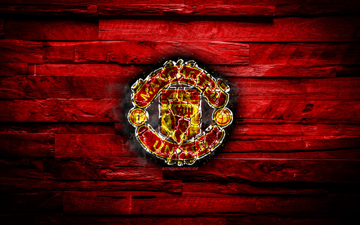 Manchester United FC, fiery logo, red wooden background, Premier League, english football club, Manchester Utd, grunge, football, Manchester United logo, fire texture, Man United, England, soccer