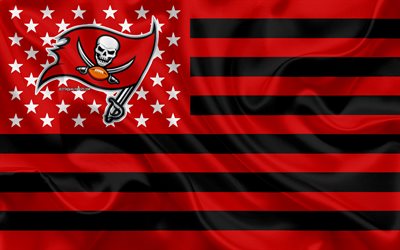 Tampa Bay Buccaneers, Amerikan futbol takımı, yaratıcı Amerikan bayrağı, kırmızı siyah bayrak, NFL, Tampa, Florida, ABD, logo, amblem, ipek bayrak, Ulusal Futbol Ligi, Amerikan Futbolu
