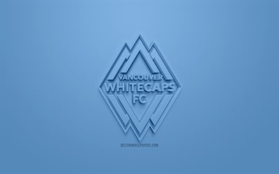 فانكوفر وايتكابس, الإبداعية شعار 3D, خلفية زرقاء, 3d شعار, الكندي لكرة القدم, MLS, فانكوفر, كولومبيا البريطانية, كندا الولايات المتحدة الأمريكية, دوري كرة القدم, الفن 3d, كرة القدم, أنيقة شعار 3d