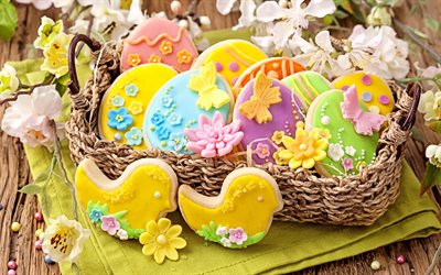 De pascua, galletas, pasteles, primavera, Pascua, flores de Pascua de fondo