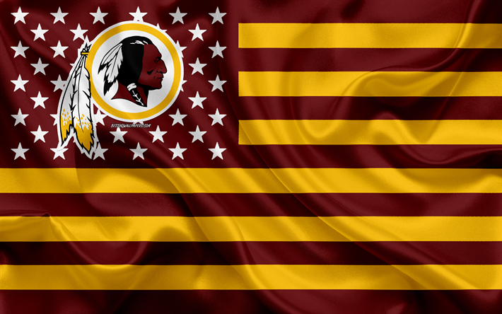 Redskins de Washington, l&#39;&#233;quipe de football Am&#233;ricain, cr&#233;atif, drapeau Am&#233;ricain, brun jaune du drapeau, de la NFL, Washington, &#233;tats-unis, le logo, l&#39;embl&#232;me, le drapeau de soie, de la Ligue Nationale de Football, 