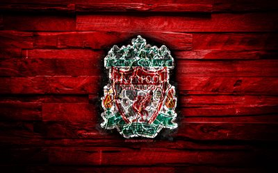 O Liverpool FC, ardente logotipo, madeira vermelho de fundo, Premier League, clube de futebol ingl&#234;s, Liverpool FC, grunge, futebol, Logotipo do Liverpool, fogo textura, Inglaterra