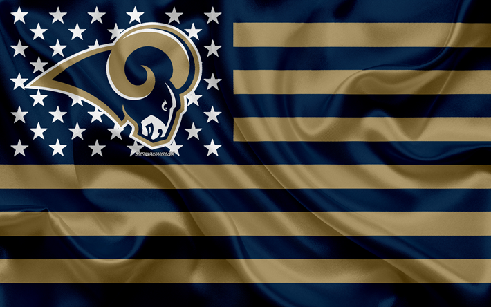 Los Angeles Rams Amerikan futbol takımı, yaratıcı Amerikan bayrağı, mavi altın bayrak, NFL, Los Angeles, Kaliforniya, ABD, logo, amblem, ipek bayrak, Ulusal Futbol Ligi, Amerikan Futbolu