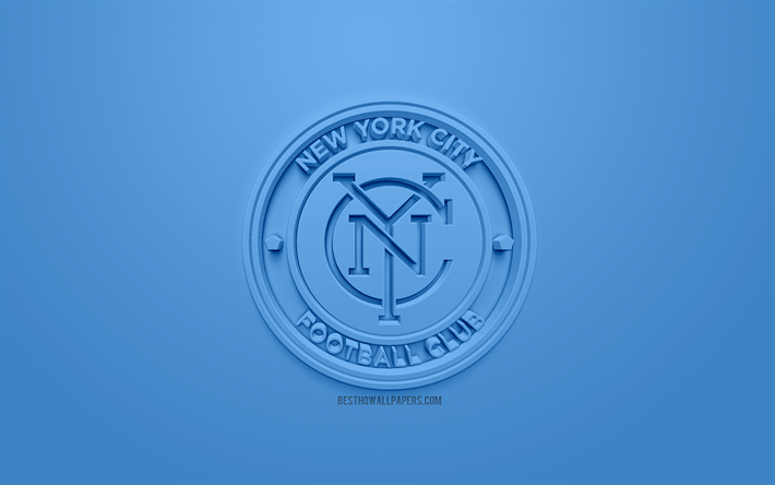ニューヨーク市にFC, 創作3Dロゴ, 青色の背景, 3dエンブレム, アメリカのサッカークラブ, MLS, ニューヨーク, 米国, 主要リーグサッカー, 3dアート, サッカー, 3dロゴ
