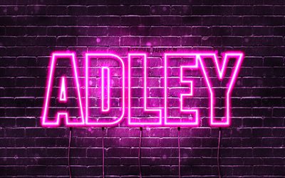 Adley, 4k, wallpapers with names, female names, Adley name, purple neon lights, horizontal text, picture with Adley name