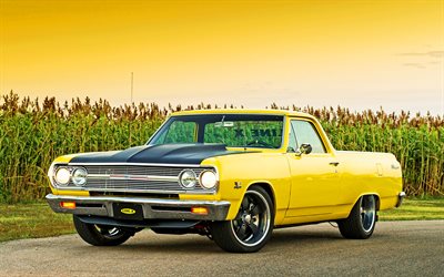 Chevrolet Camino, tuning, 1965 cars, retro cars, 1965 Chevrolet Camino, yellow pickup, american cars, Chevrolet