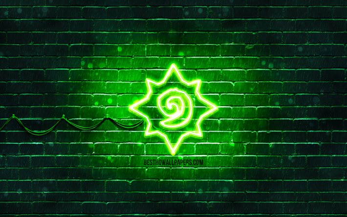 Hearthstone logotipo verde, 4k, verde brickwall, Hearthstone logotipo, Jogos de 2020, Hearthstone neon logotipo, Hearthstone