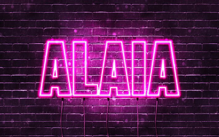 Alaia, 4k, sfondi per il desktop con i nomi, nomi di donna, Alaia nome, viola neon, orizzontale del testo, dell&#39;immagine con nome Alaia