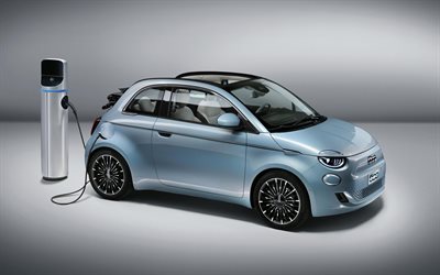 Fiat 500e, 2020, front view, exterior, blue 500e, blue hatchback, Italian cars, Fiat