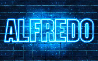Alfredo, 4k, taustakuvia nimet, vaakasuuntainen teksti, Alfredo nimi, blue neon valot, kuva Alfredo nimi