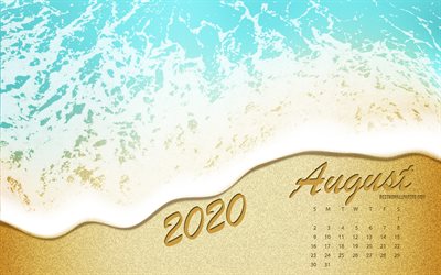 2020 Augusti Kalender, havs-kusten, beach, 2020 sommaren kalendrar, havet, sand, Augusti 2020 Kalender, sommaren konst, Augusti