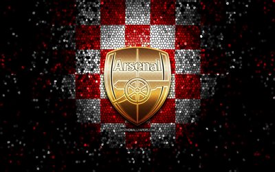 Arsenal FC, glitter logo, Premier League, red checkered background, soccer, FC Arsenal, english football club, Arsenal FC logo, football, The Gunners, England