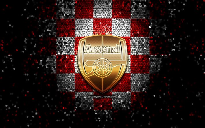 Arsenal FC, glitter-logo, Premier League, punainen ruudullinen tausta, jalkapallo, FC Arsenal, englannin football club, Arsenal FC-logo, Gunners, Englanti
