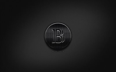 BlackCoin black logo, cryptocurrency, grid metal background, BlackCoin, artwork, creative, cryptocurrency signs, BlackCoin logo