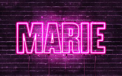 Marie, 4k, wallpapers with names, female names, Marie name, purple neon lights, horizontal text, picture with Marie name