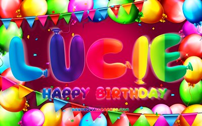 Happy Birthday Lucie, 4k, colorful balloon frame, Lucie name, purple background, Lucie Happy Birthday, Lucie Birthday, popular french female names, Birthday concept, Lucie