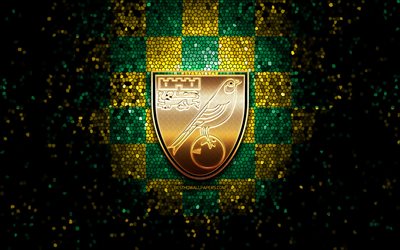 Norwich City FC, glitter logo, Premier League, green checkered background, soccer, FC Norwich City, english football club, Norwich City FC logo, mosaic art, football, England