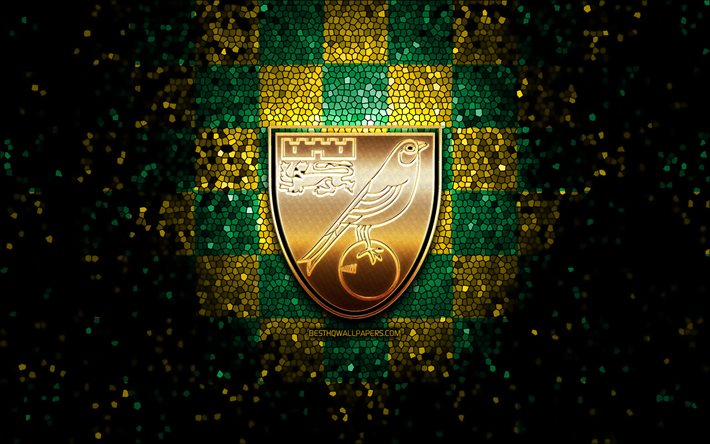 Norwich City FC, paillettes logo, Premier League, en damier vert d&#39;arri&#232;re-plan, le soccer, le Norwich City FC, club de football anglais de Norwich City FC, le logo, l&#39;art de la mosa&#239;que, le football, l&#39;Angleterre