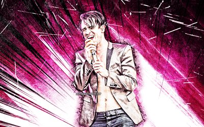 4k, Brendon Urie, grunge art, Panic At the Disco, music stars, rock band, american singer, Brendon Boyd Urie, american celebrity, purple abstract rays, Brendon Urie 4K