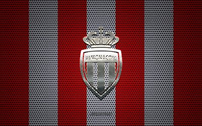 AS Monaco logo, French football club, metal emblem, red white metal mesh background, AS Monaco, Ligue 1, Monaco, France, football